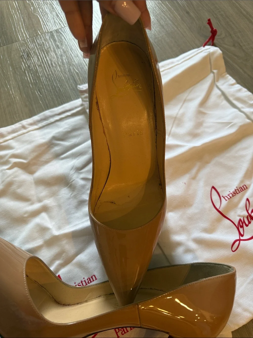 Christian Louboutin Nude Patent Pointed Toe Stiletto Pumps